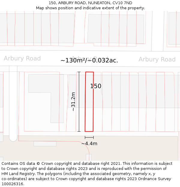150, ARBURY ROAD, NUNEATON, CV10 7ND: Plot and title map