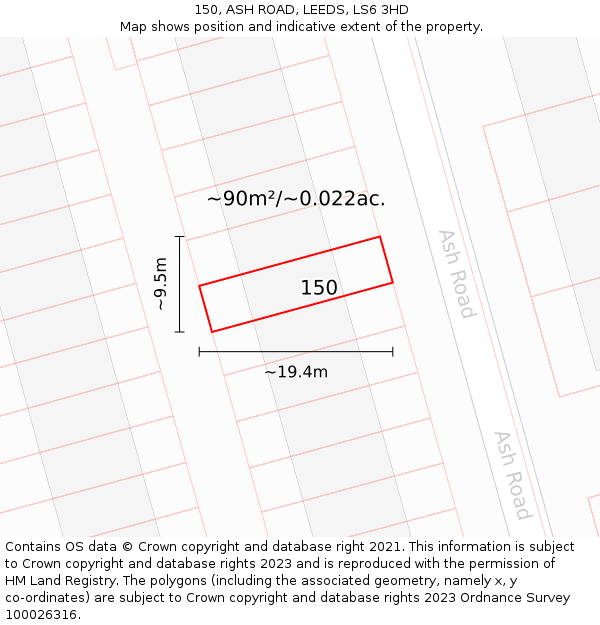 150, ASH ROAD, LEEDS, LS6 3HD: Plot and title map