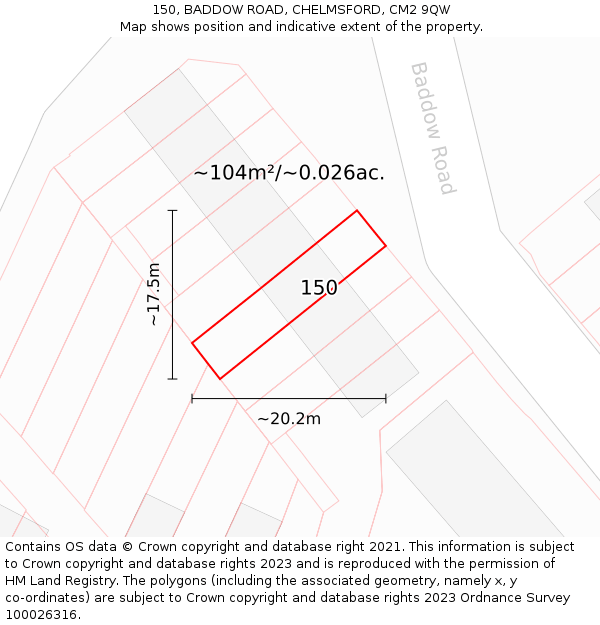 150, BADDOW ROAD, CHELMSFORD, CM2 9QW: Plot and title map