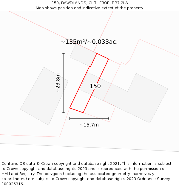 150, BAWDLANDS, CLITHEROE, BB7 2LA: Plot and title map