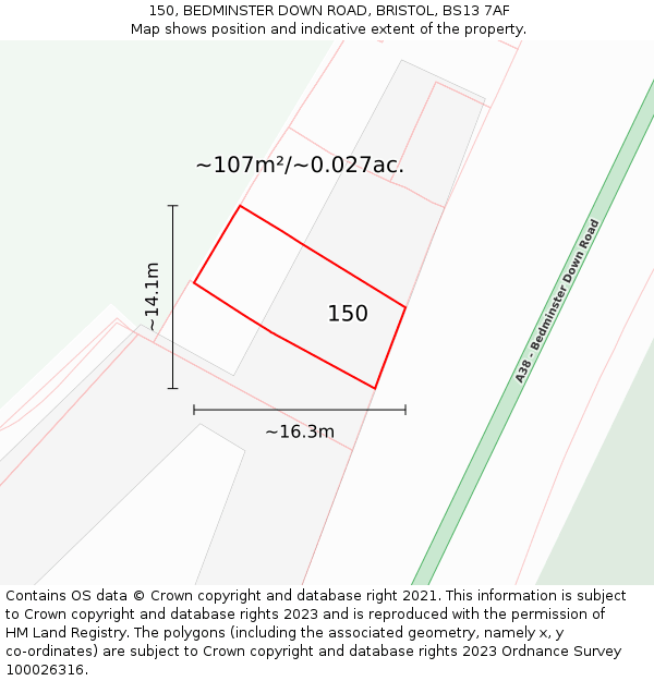 150, BEDMINSTER DOWN ROAD, BRISTOL, BS13 7AF: Plot and title map