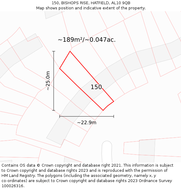 150, BISHOPS RISE, HATFIELD, AL10 9QB: Plot and title map