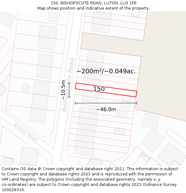 150, BISHOPSCOTE ROAD, LUTON, LU3 1PE: Plot and title map