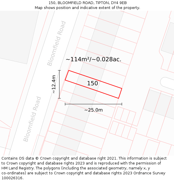 150, BLOOMFIELD ROAD, TIPTON, DY4 9EB: Plot and title map