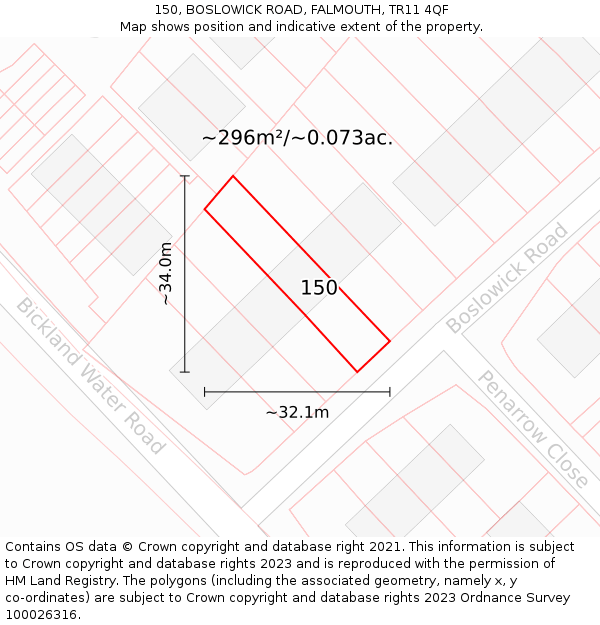 150, BOSLOWICK ROAD, FALMOUTH, TR11 4QF: Plot and title map