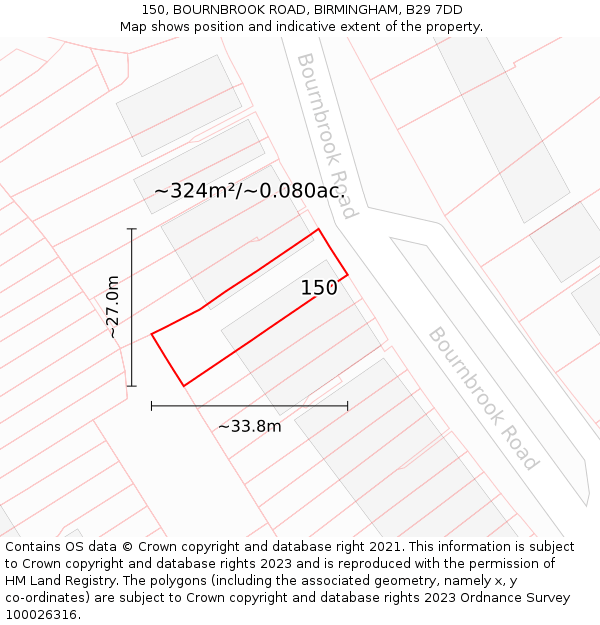 150, BOURNBROOK ROAD, BIRMINGHAM, B29 7DD: Plot and title map