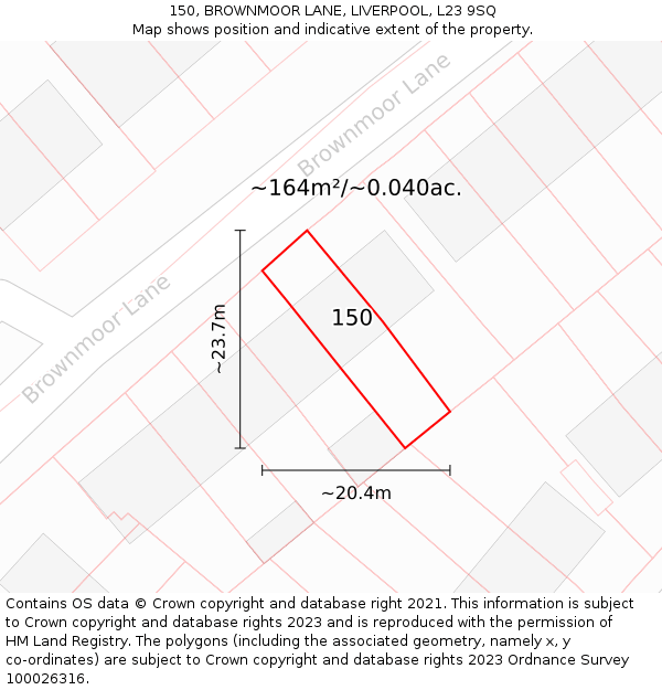 150, BROWNMOOR LANE, LIVERPOOL, L23 9SQ: Plot and title map