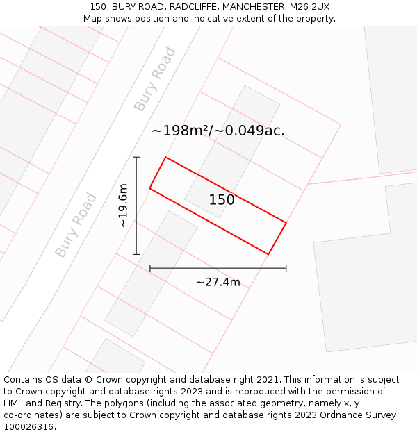 150, BURY ROAD, RADCLIFFE, MANCHESTER, M26 2UX: Plot and title map
