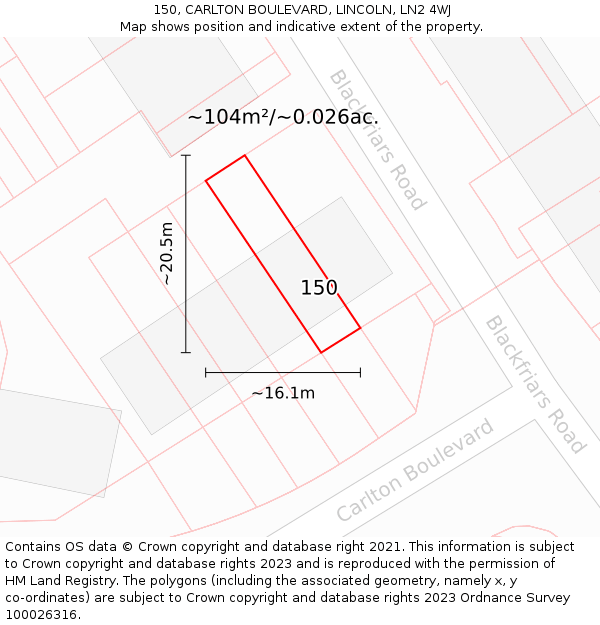 150, CARLTON BOULEVARD, LINCOLN, LN2 4WJ: Plot and title map