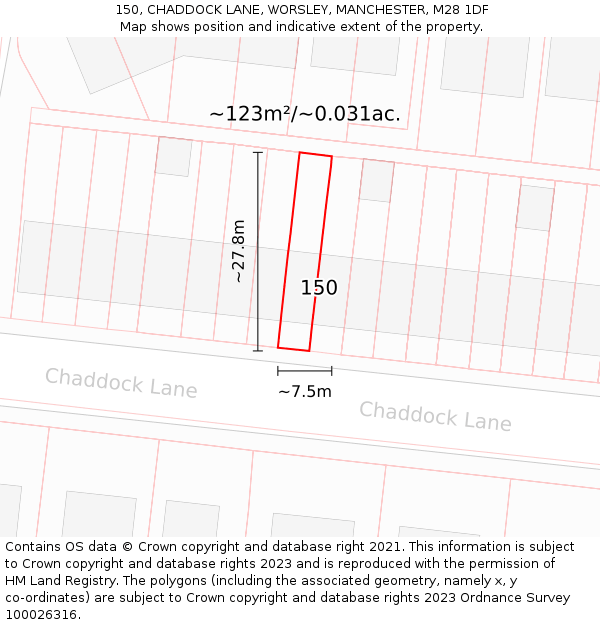 150, CHADDOCK LANE, WORSLEY, MANCHESTER, M28 1DF: Plot and title map