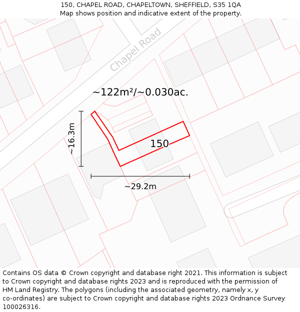 150, CHAPEL ROAD, CHAPELTOWN, SHEFFIELD, S35 1QA: Plot and title map