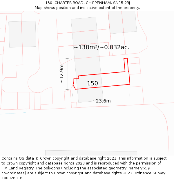150, CHARTER ROAD, CHIPPENHAM, SN15 2RJ: Plot and title map