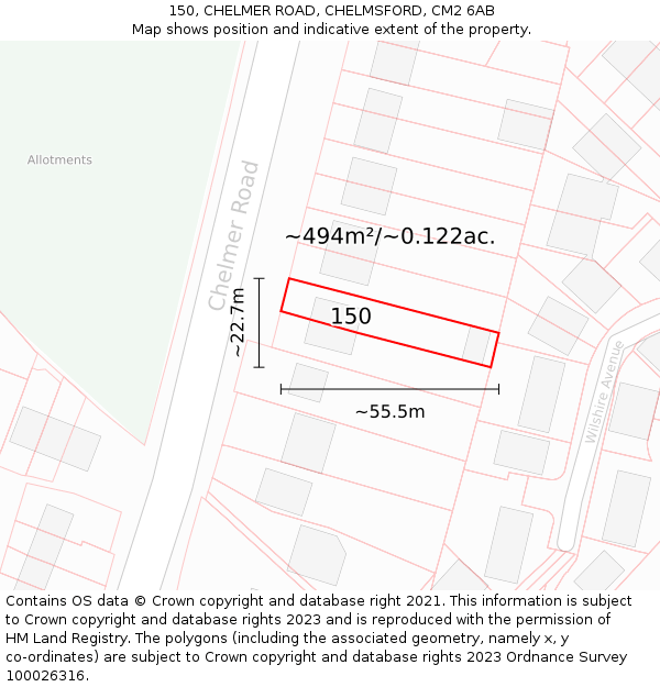 150, CHELMER ROAD, CHELMSFORD, CM2 6AB: Plot and title map
