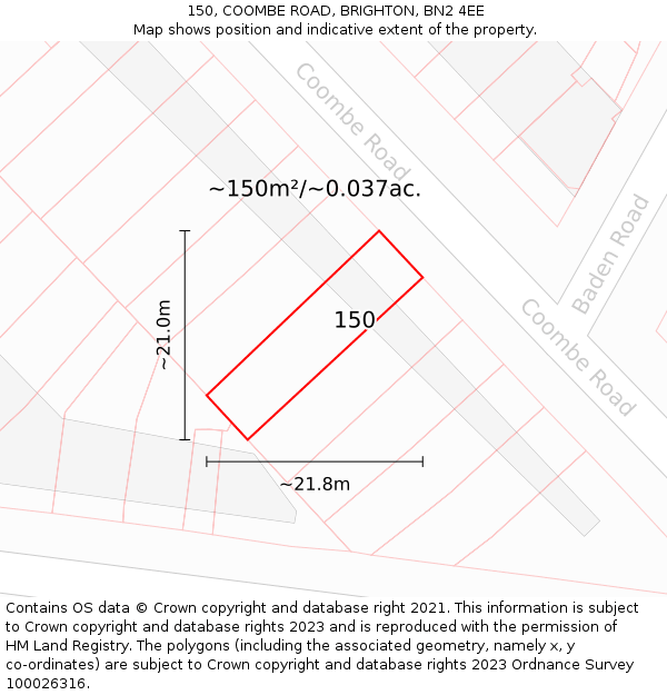 150, COOMBE ROAD, BRIGHTON, BN2 4EE: Plot and title map