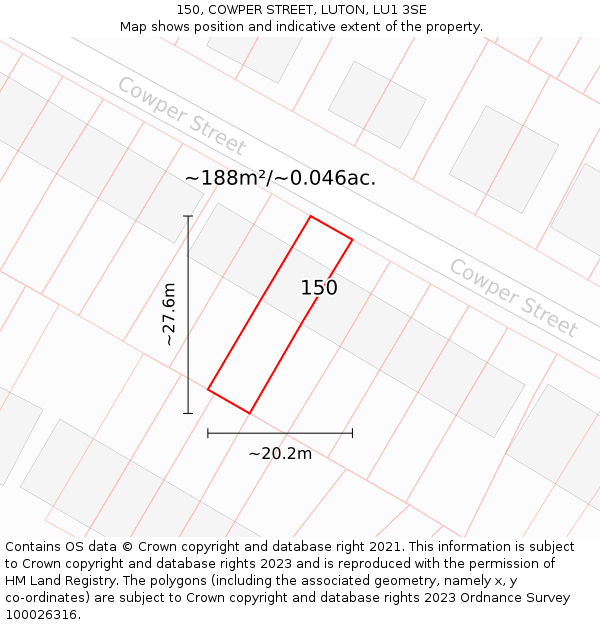 150, COWPER STREET, LUTON, LU1 3SE: Plot and title map