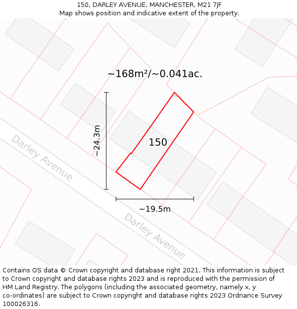150, DARLEY AVENUE, MANCHESTER, M21 7JF: Plot and title map
