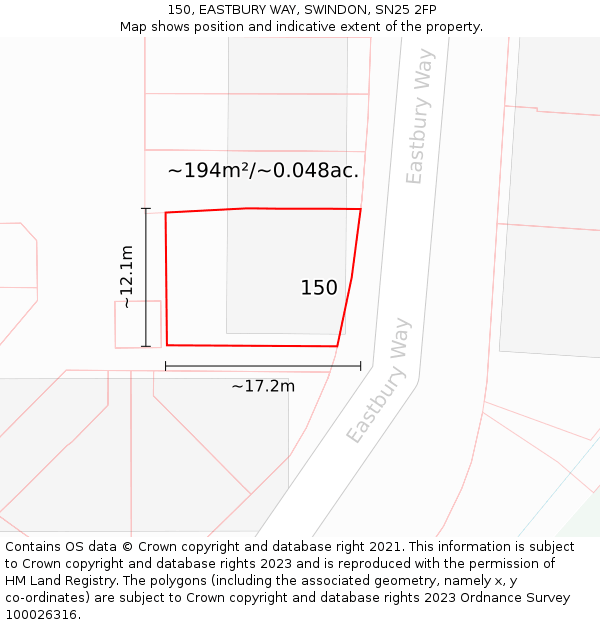150, EASTBURY WAY, SWINDON, SN25 2FP: Plot and title map