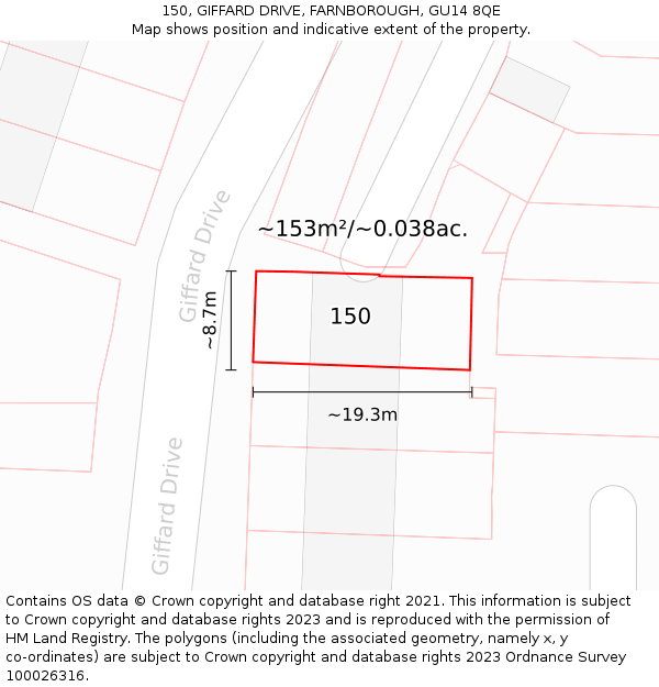 150, GIFFARD DRIVE, FARNBOROUGH, GU14 8QE: Plot and title map