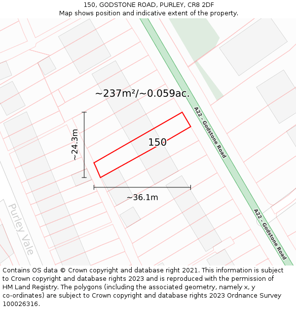150, GODSTONE ROAD, PURLEY, CR8 2DF: Plot and title map