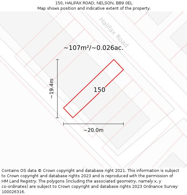 150, HALIFAX ROAD, NELSON, BB9 0EL: Plot and title map
