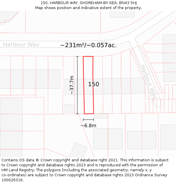 150, HARBOUR WAY, SHOREHAM-BY-SEA, BN43 5HJ: Plot and title map
