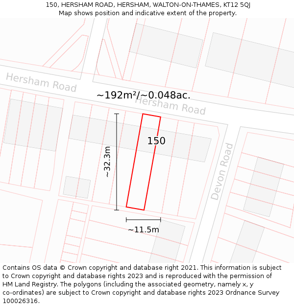 150, HERSHAM ROAD, HERSHAM, WALTON-ON-THAMES, KT12 5QJ: Plot and title map