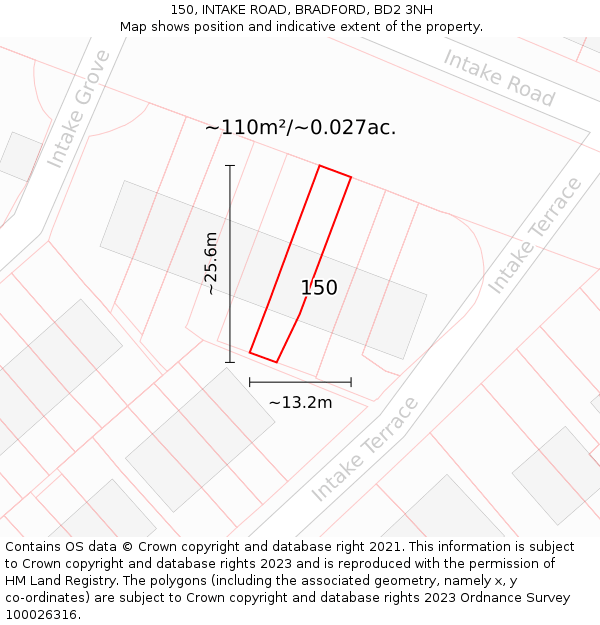 150, INTAKE ROAD, BRADFORD, BD2 3NH: Plot and title map
