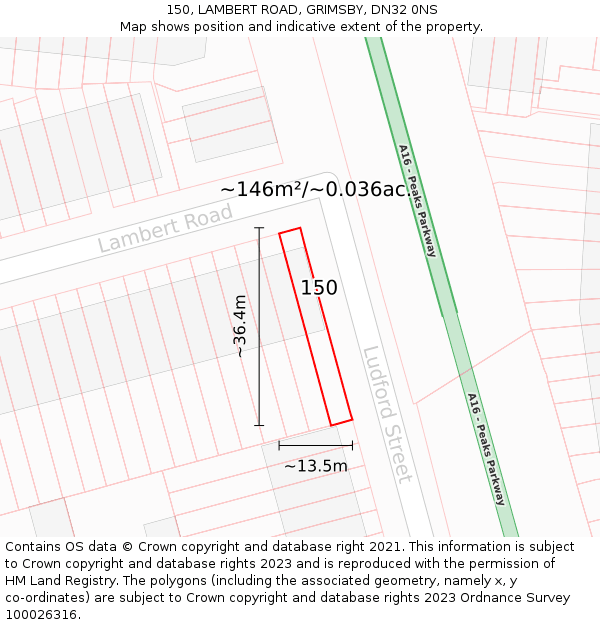 150, LAMBERT ROAD, GRIMSBY, DN32 0NS: Plot and title map