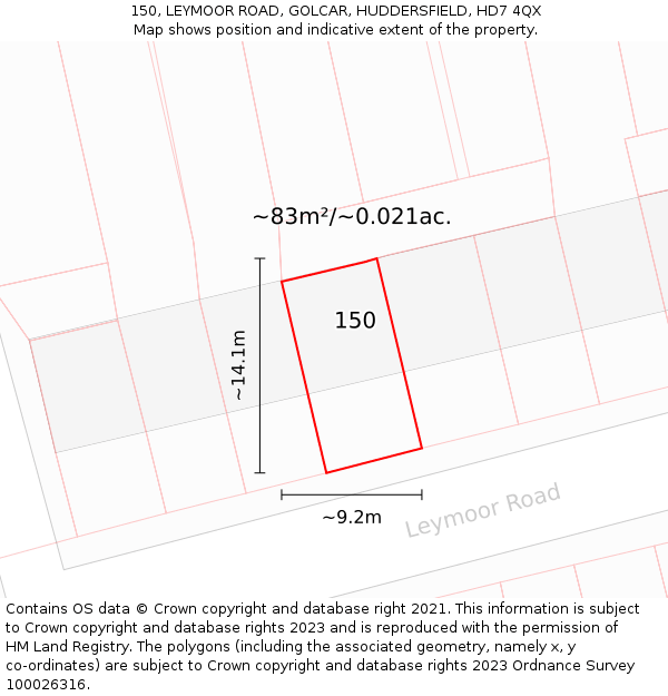 150, LEYMOOR ROAD, GOLCAR, HUDDERSFIELD, HD7 4QX: Plot and title map