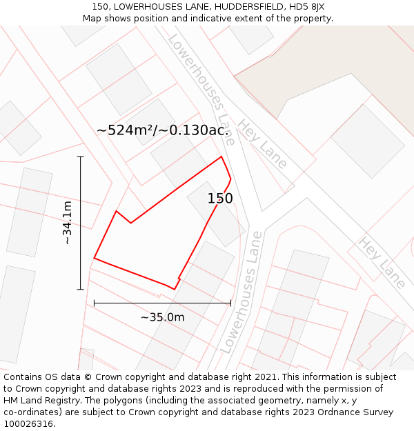 150, LOWERHOUSES LANE, HUDDERSFIELD, HD5 8JX: Plot and title map