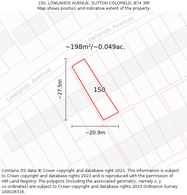 150, LOWLANDS AVENUE, SUTTON COLDFIELD, B74 3RF: Plot and title map