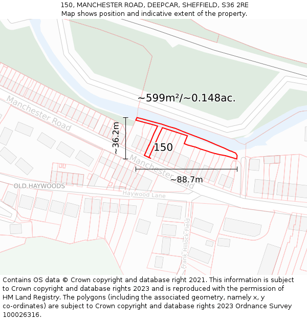 150, MANCHESTER ROAD, DEEPCAR, SHEFFIELD, S36 2RE: Plot and title map