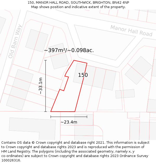 150, MANOR HALL ROAD, SOUTHWICK, BRIGHTON, BN42 4NP: Plot and title map