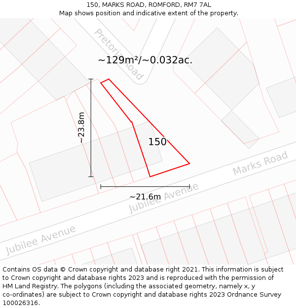 150, MARKS ROAD, ROMFORD, RM7 7AL: Plot and title map