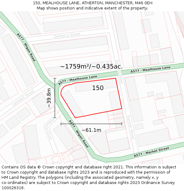 150, MEALHOUSE LANE, ATHERTON, MANCHESTER, M46 0EH: Plot and title map