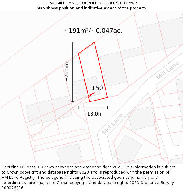 150, MILL LANE, COPPULL, CHORLEY, PR7 5WP: Plot and title map