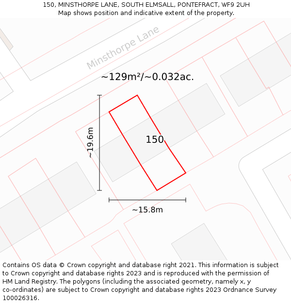 150, MINSTHORPE LANE, SOUTH ELMSALL, PONTEFRACT, WF9 2UH: Plot and title map