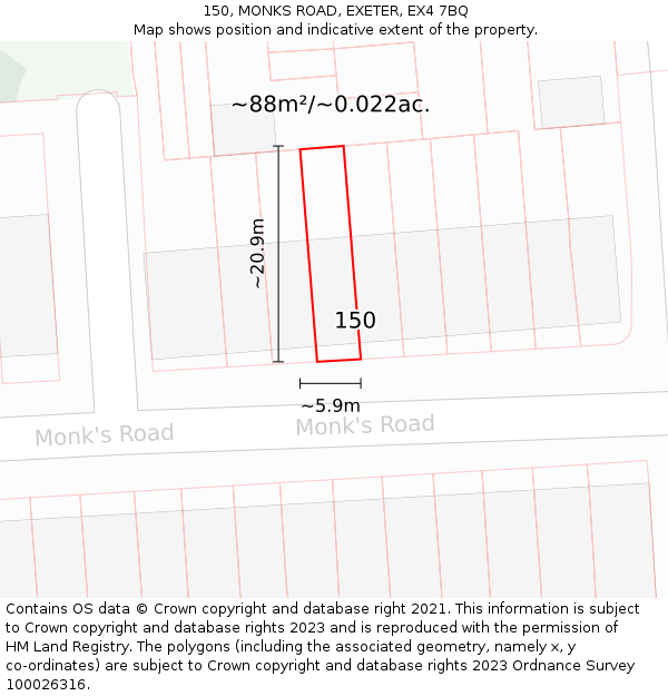 150, MONKS ROAD, EXETER, EX4 7BQ: Plot and title map