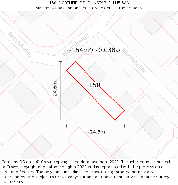 150, NORTHFIELDS, DUNSTABLE, LU5 5AN: Plot and title map