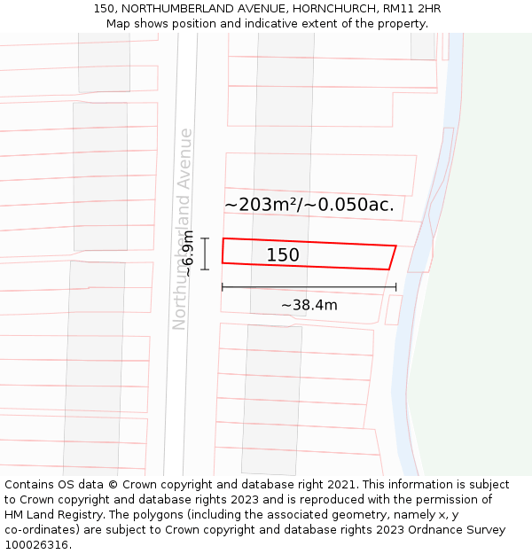 150, NORTHUMBERLAND AVENUE, HORNCHURCH, RM11 2HR: Plot and title map