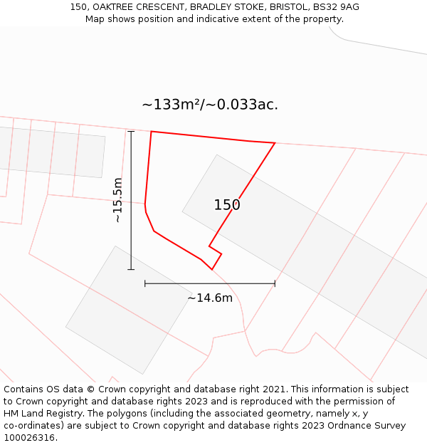 150, OAKTREE CRESCENT, BRADLEY STOKE, BRISTOL, BS32 9AG: Plot and title map