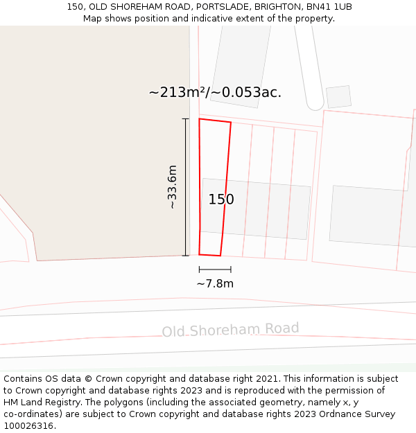150, OLD SHOREHAM ROAD, PORTSLADE, BRIGHTON, BN41 1UB: Plot and title map