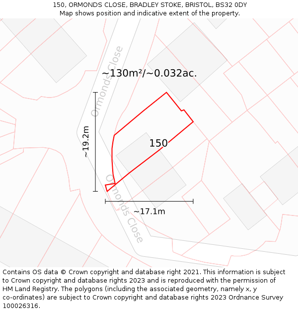 150, ORMONDS CLOSE, BRADLEY STOKE, BRISTOL, BS32 0DY: Plot and title map