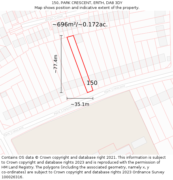 150, PARK CRESCENT, ERITH, DA8 3DY: Plot and title map