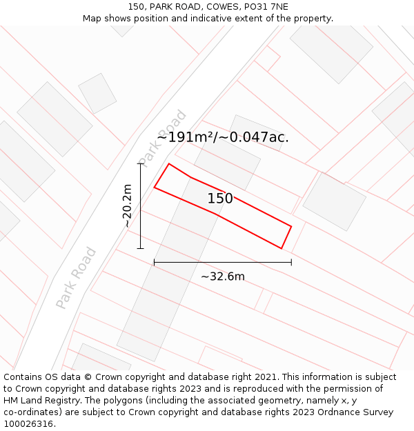 150, PARK ROAD, COWES, PO31 7NE: Plot and title map