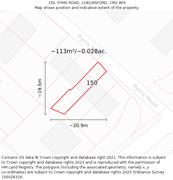 150, PYMS ROAD, CHELMSFORD, CM2 8PX: Plot and title map