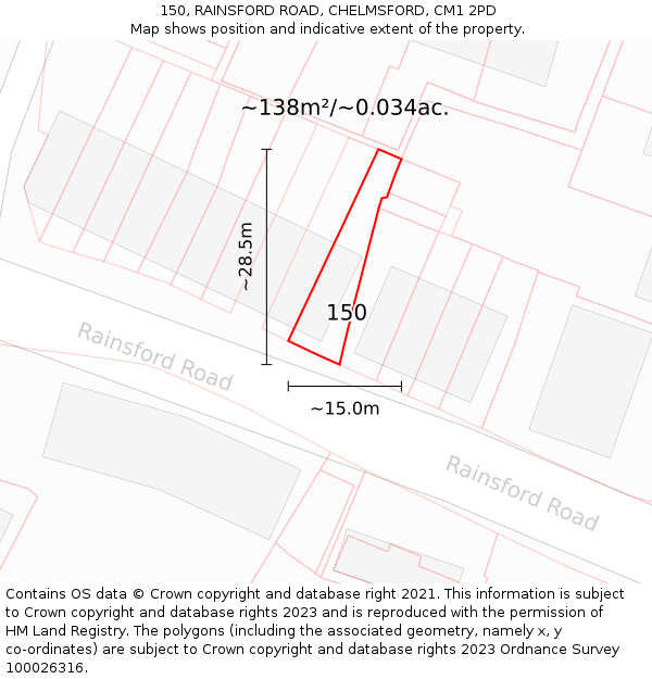 150, RAINSFORD ROAD, CHELMSFORD, CM1 2PD: Plot and title map