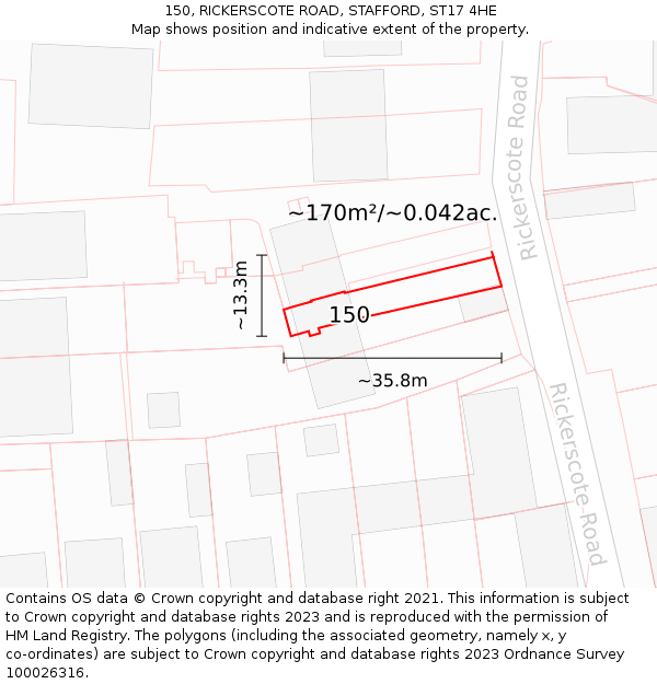 150, RICKERSCOTE ROAD, STAFFORD, ST17 4HE: Plot and title map