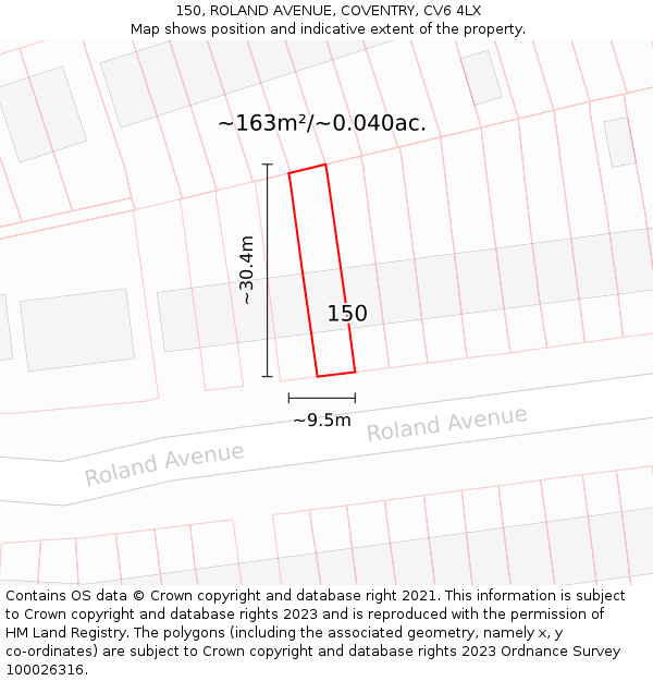 150, ROLAND AVENUE, COVENTRY, CV6 4LX: Plot and title map