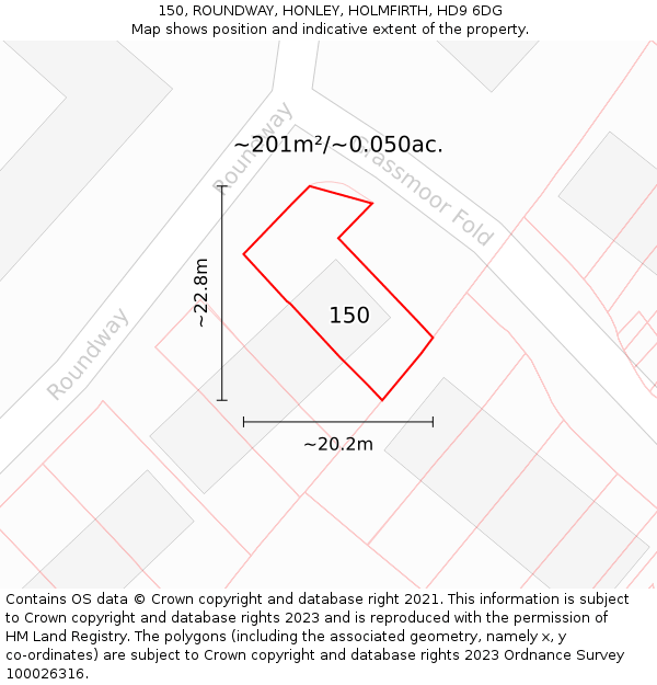 150, ROUNDWAY, HONLEY, HOLMFIRTH, HD9 6DG: Plot and title map